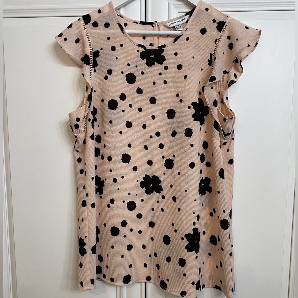 Counterparts Sz Medium Ruffle Short Sleeve Blouse Scoop Neck Pink -Black Flowers